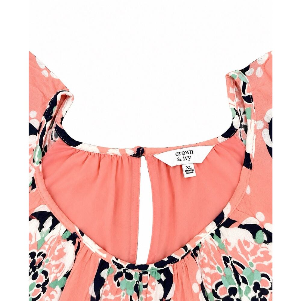 Crown & Ivy Women’s Coral Floral Shift Size XL Ruffle Sleeve - Picture 2 of 5